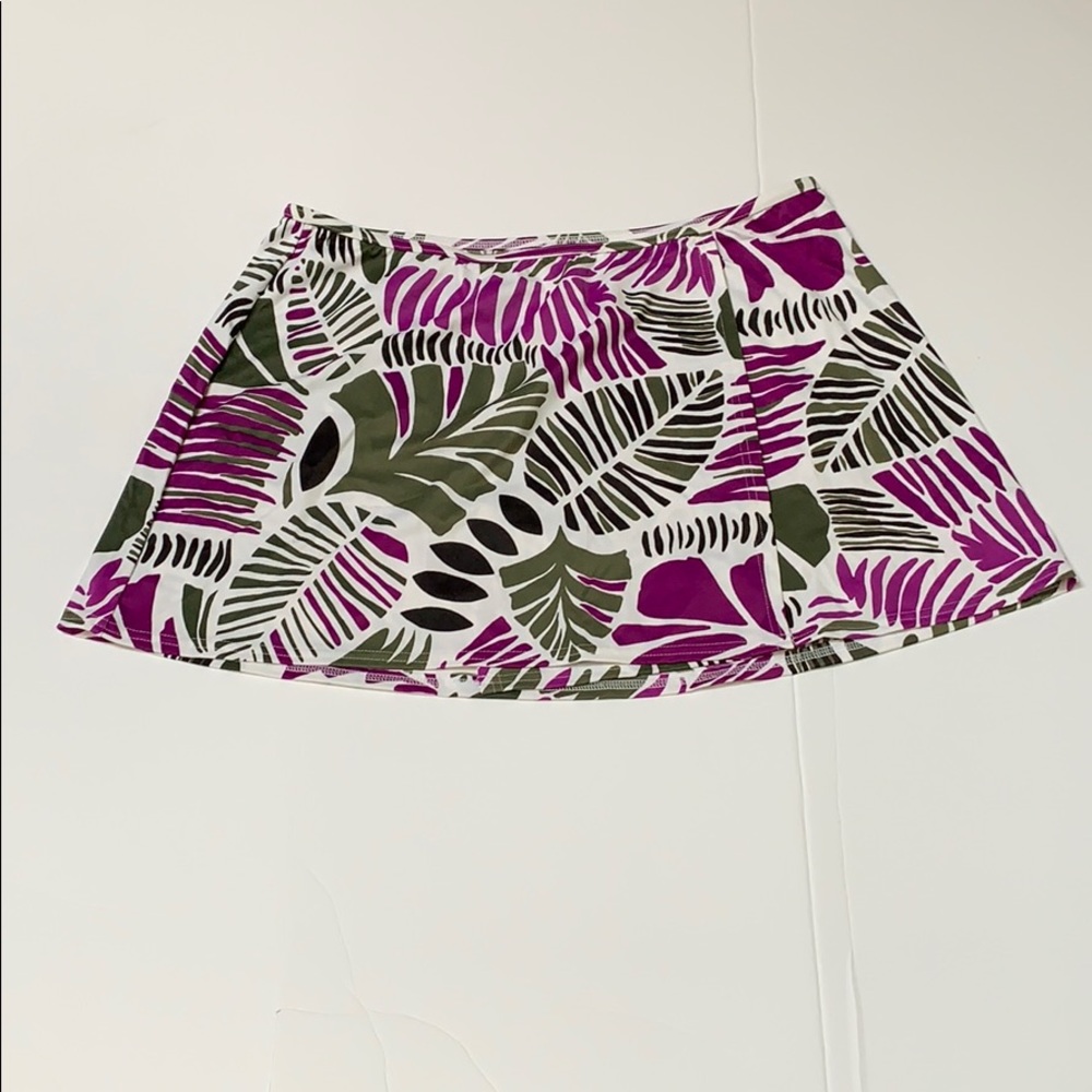 Lands' End White Swim Skirt with Purple and Olive Leaf Print